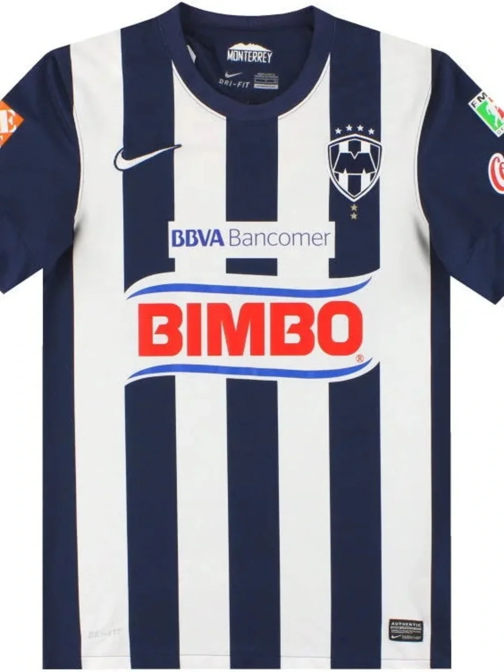 Nike Kids Monterrey Navy and White Striped Soccer Jersey with Red Sponsor Logo